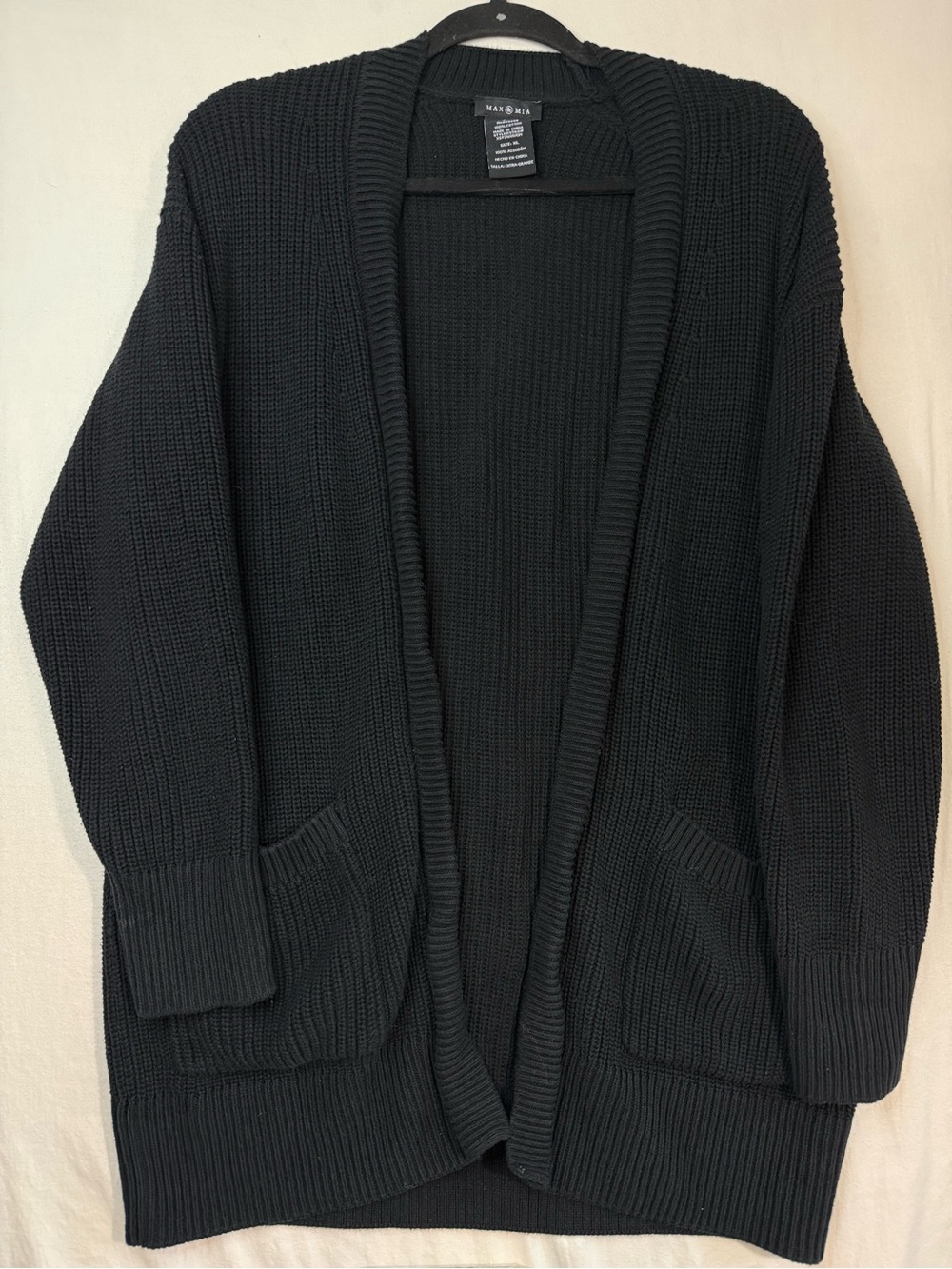 Max & Mia Black Open-Front Long Ribbed Cardigan Sweater 100% Cotton Size XL